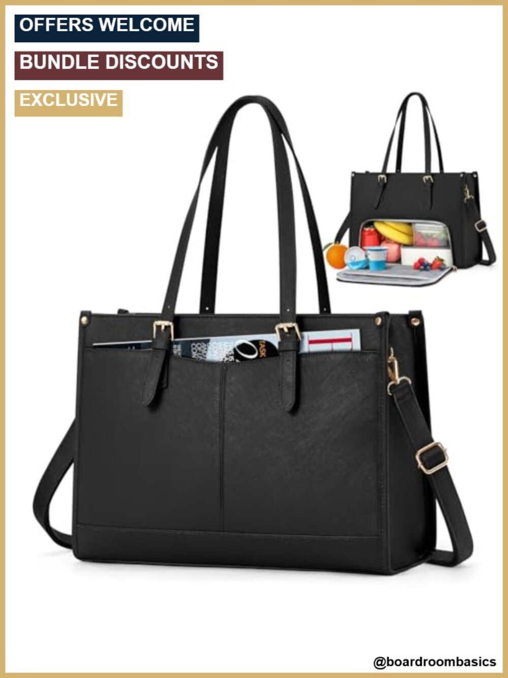 PU Leather Laptop Tote with Insulated Lunch Compartment 15.6" Work Briefcase